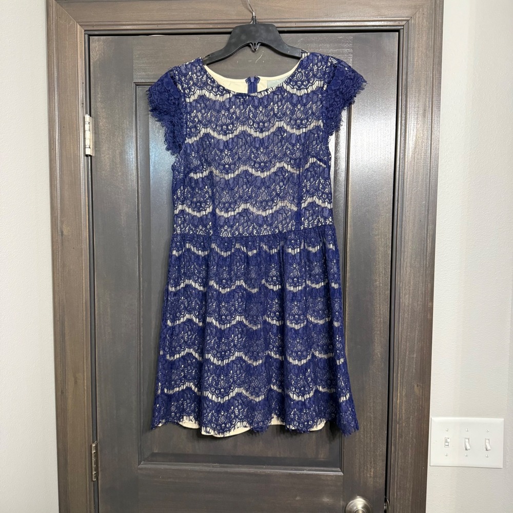 Maeve Anthropologie Blue Lace Fit Flare Dress‎ Womens Large Cap Sleeve Scalloped